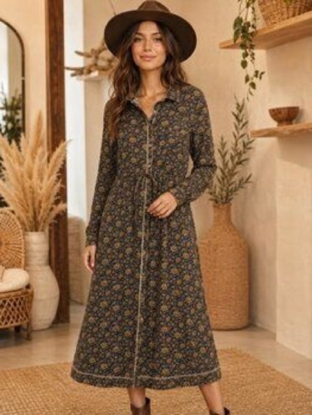 NATURAL LIFE Christa Dark Olive Floral Maxi Shirt Dress Small Boho Chic NWOT